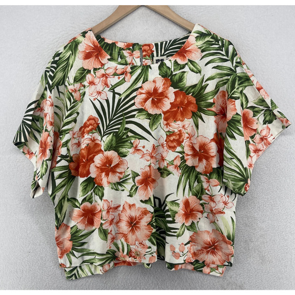 ANNE KLEIN Top M Tropical Floral Linen Blend Blouse Boxy Dolman Pink Green - Picture 1 of 13